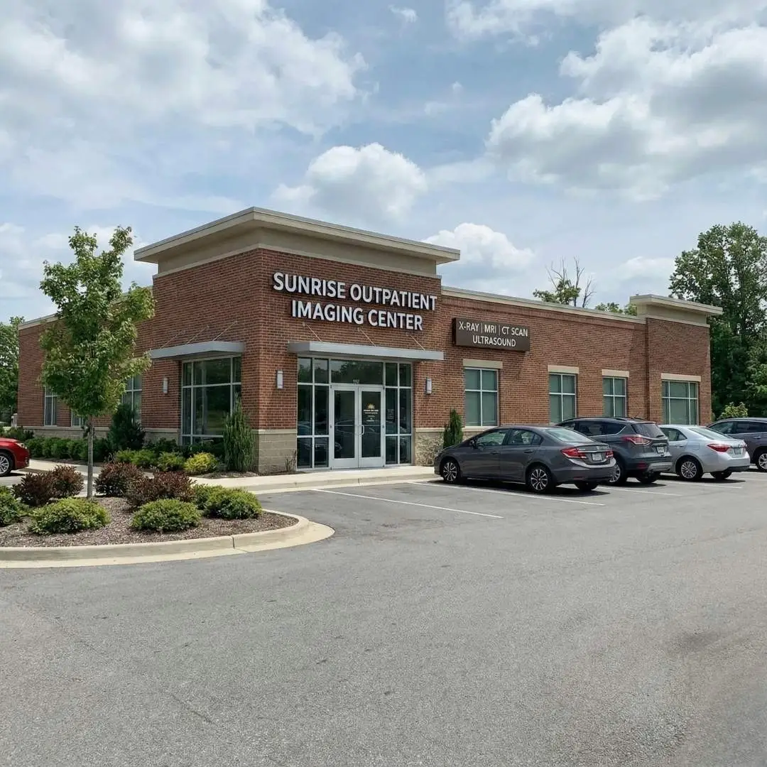 Exterior view of an outpatient imaging center building with parking area.