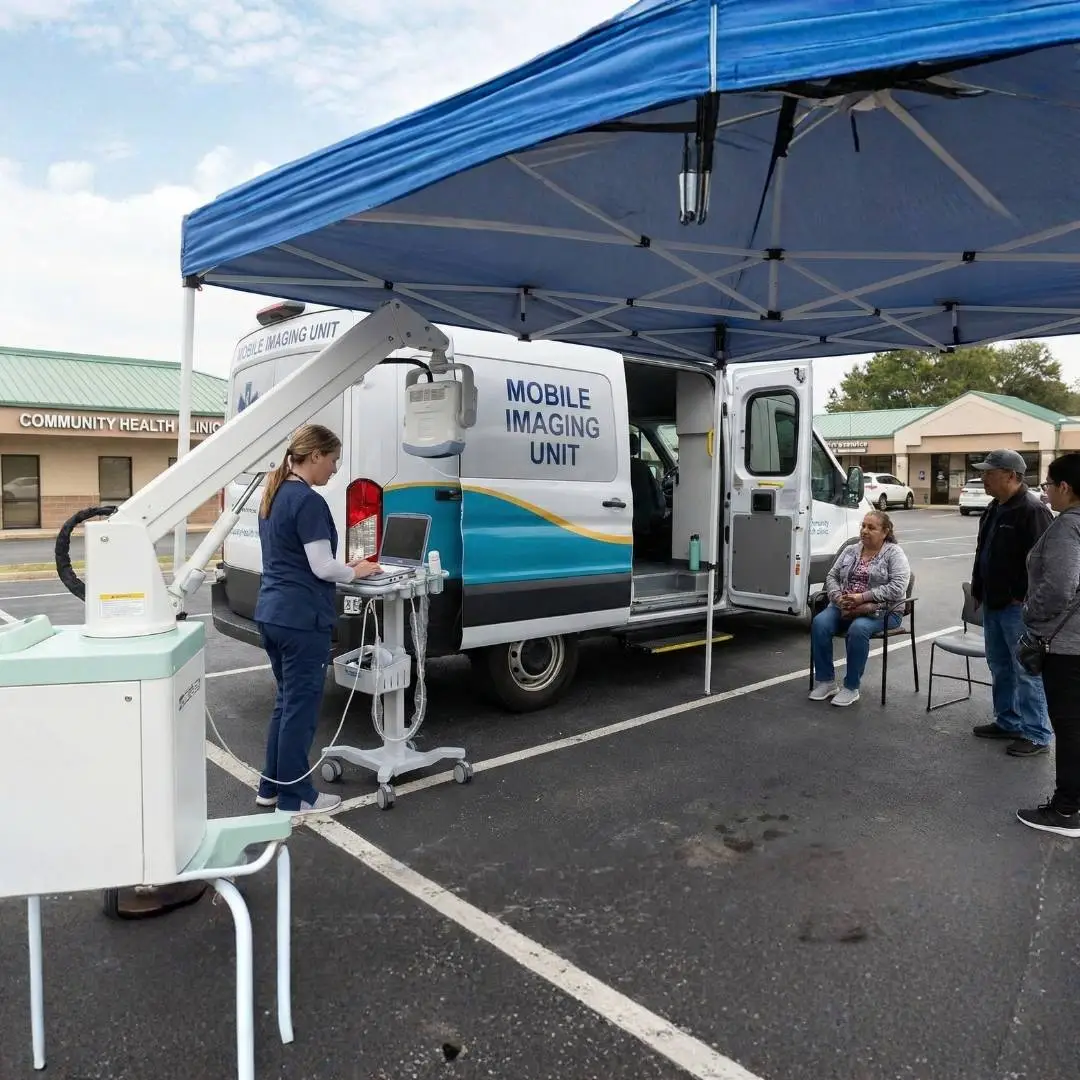 Mobile imaging unit providing on-site diagnostic imaging services, with a technologist operating equipment and patients waiting under a canopy during a community health screening.