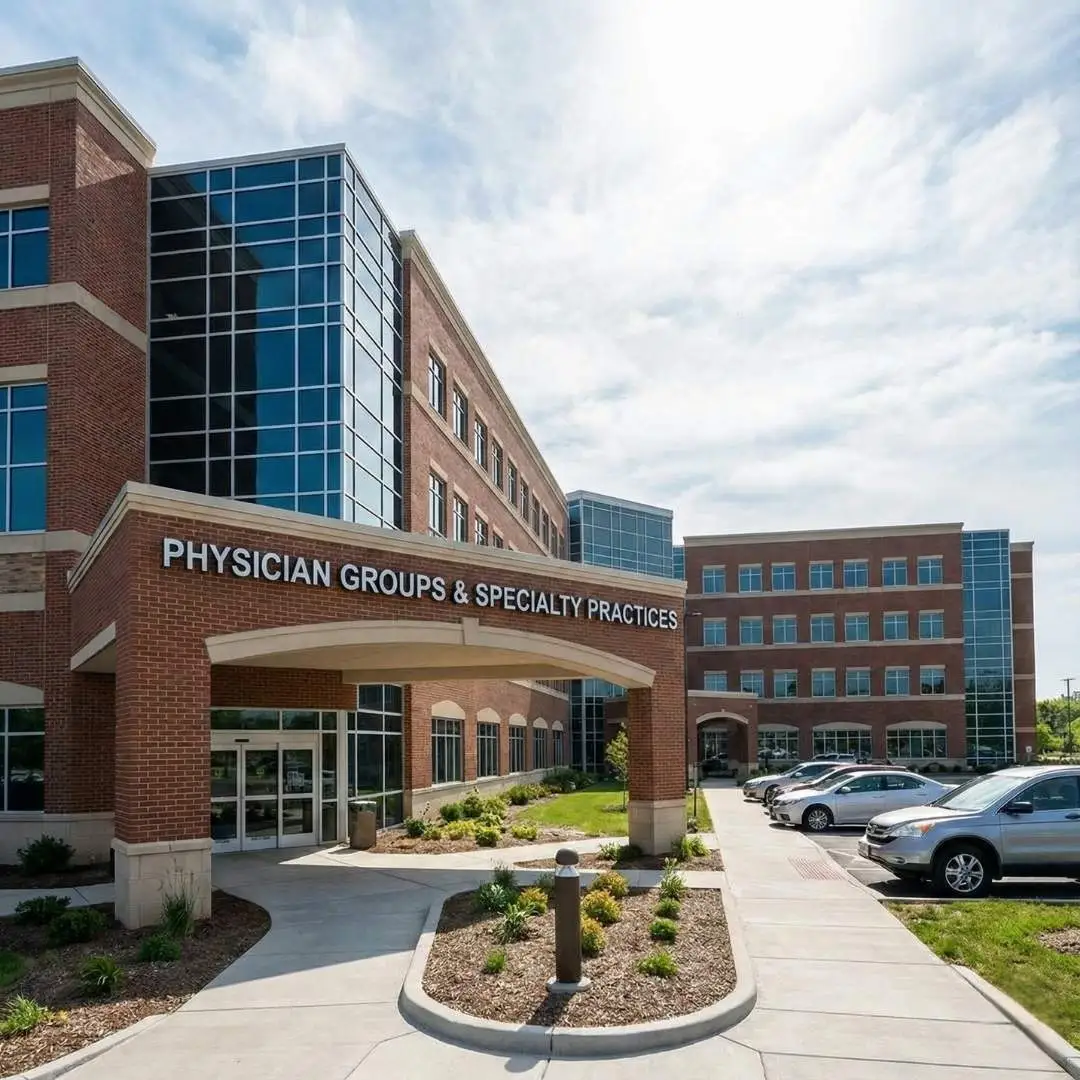 Exterior view of a physician groups and specialty practices medical office building with patient parking and main entrance.