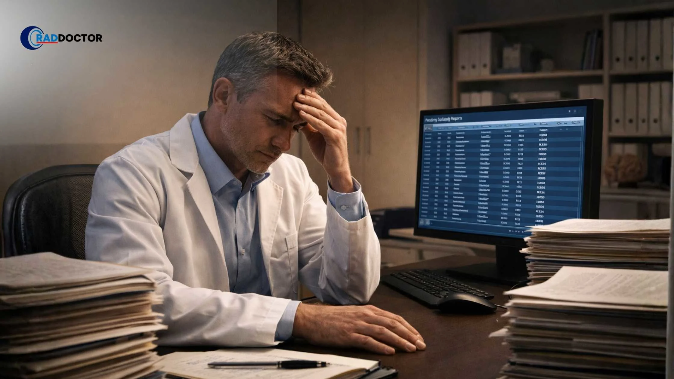 A tired radiologist at a desk surrounded by stacks of patient files and a computer screen showing a long queue of pending reports, warm overhead lighting, muted color palette, realistic medical office environment, subtle stress expression, photorealistic, 4:3 composition