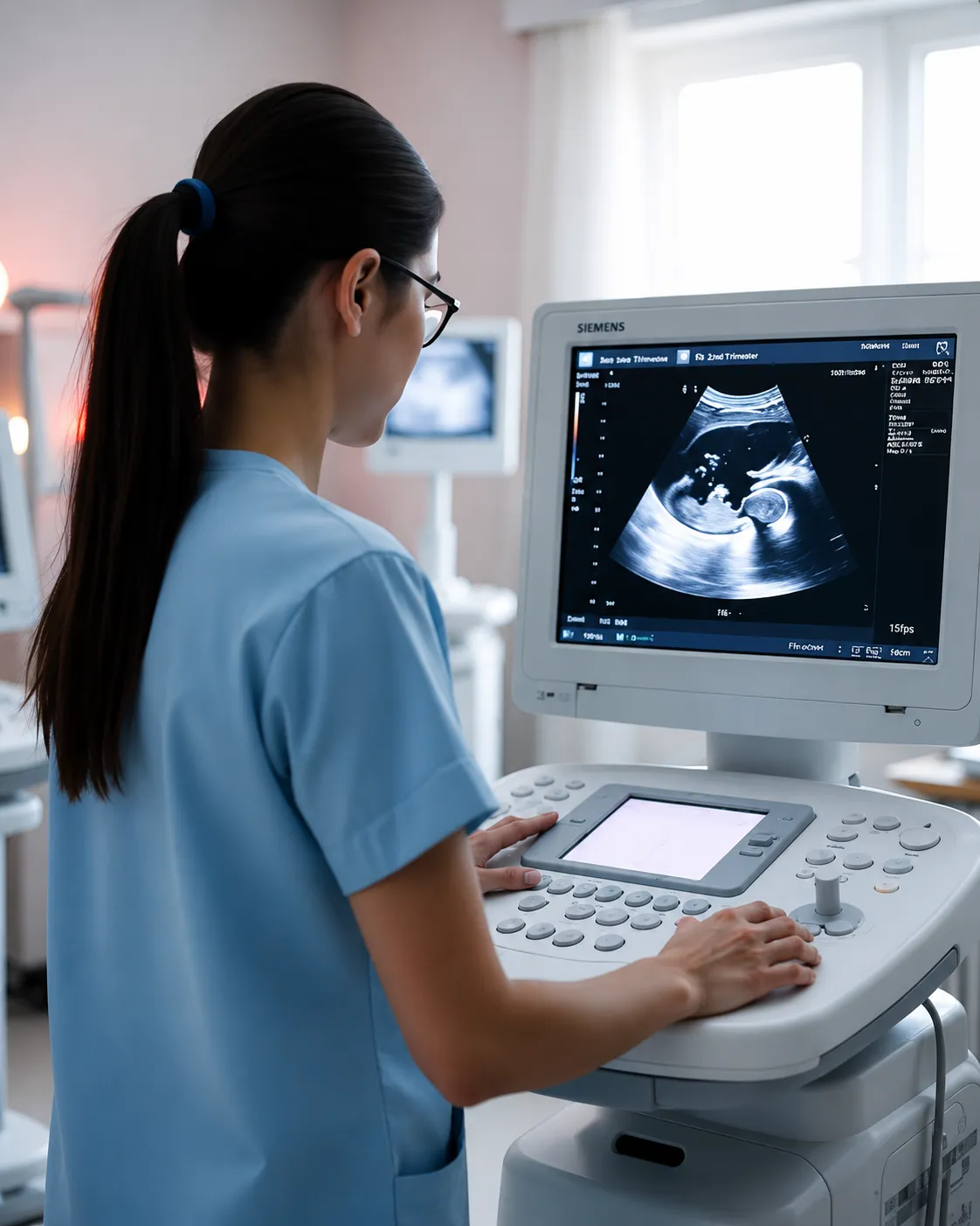 A healthcare professional performing a pregnancy ultrasound scan at an OBGYN clinic using advanced ultrasound imaging equipment to monitor fetal development.