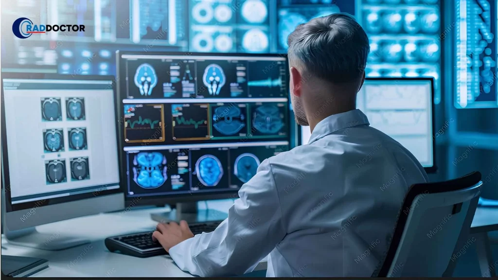 Hospital administrator reviewing a teleradiology worklist integrated with PACS and RIS