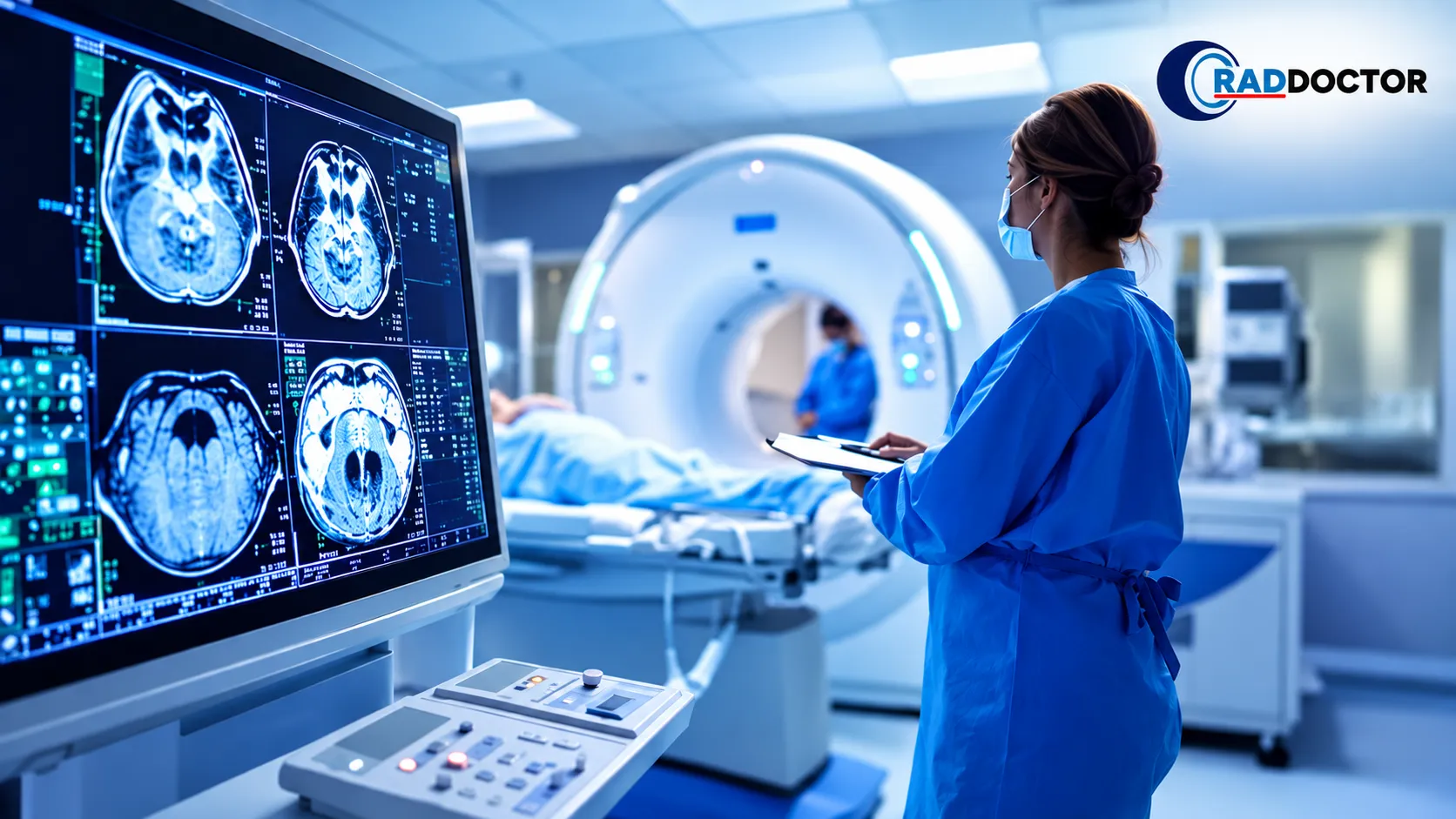 Radiology technologist monitoring medical imaging equipment and MRI scans in a clinical setting, highlighting imaging preparedness for National Preparedness Month.