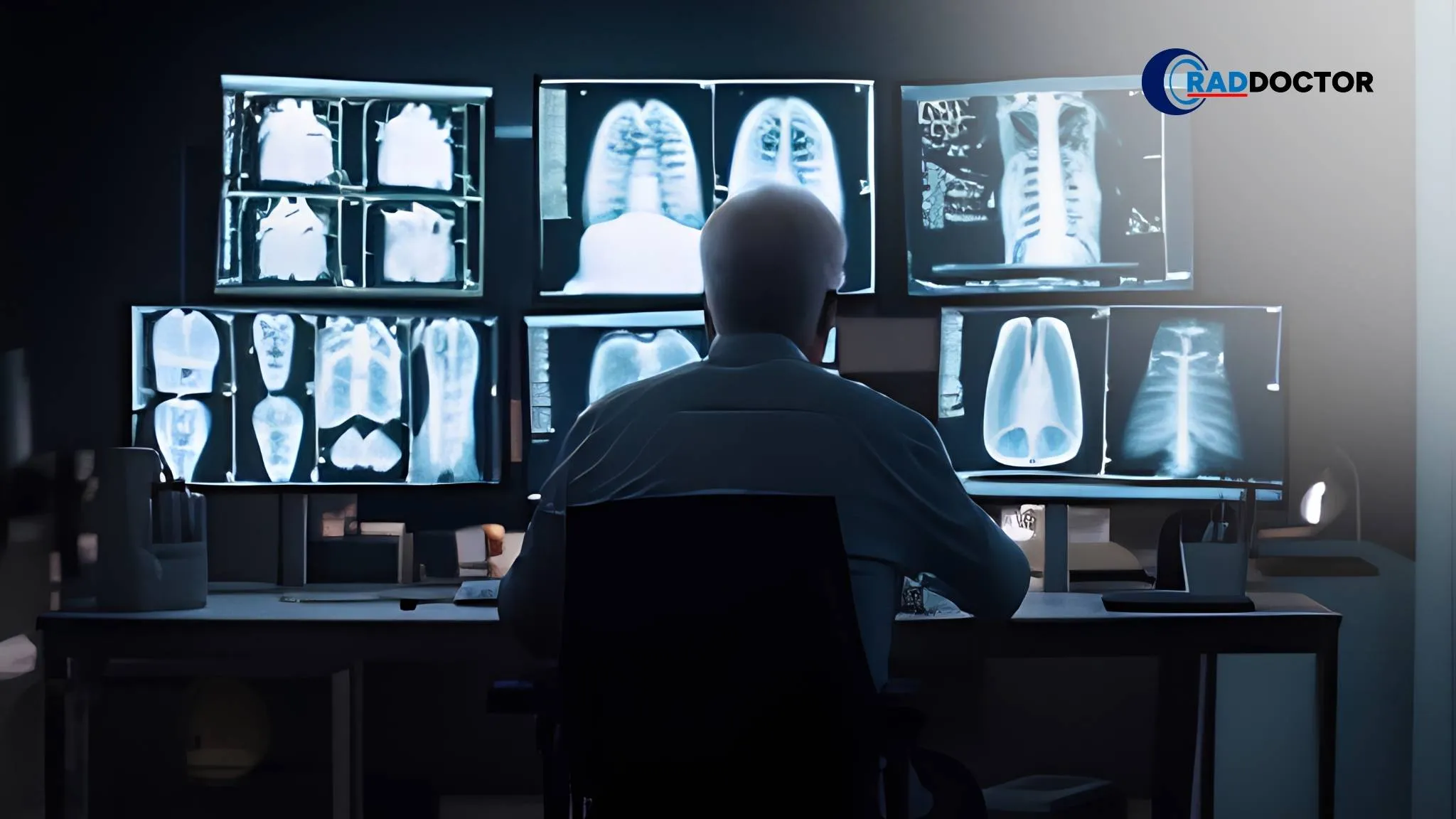 Radiologist reviewing multiple medical images on computer monitors, highlighting radiology workflow problems in a busy diagnostic imaging environment.