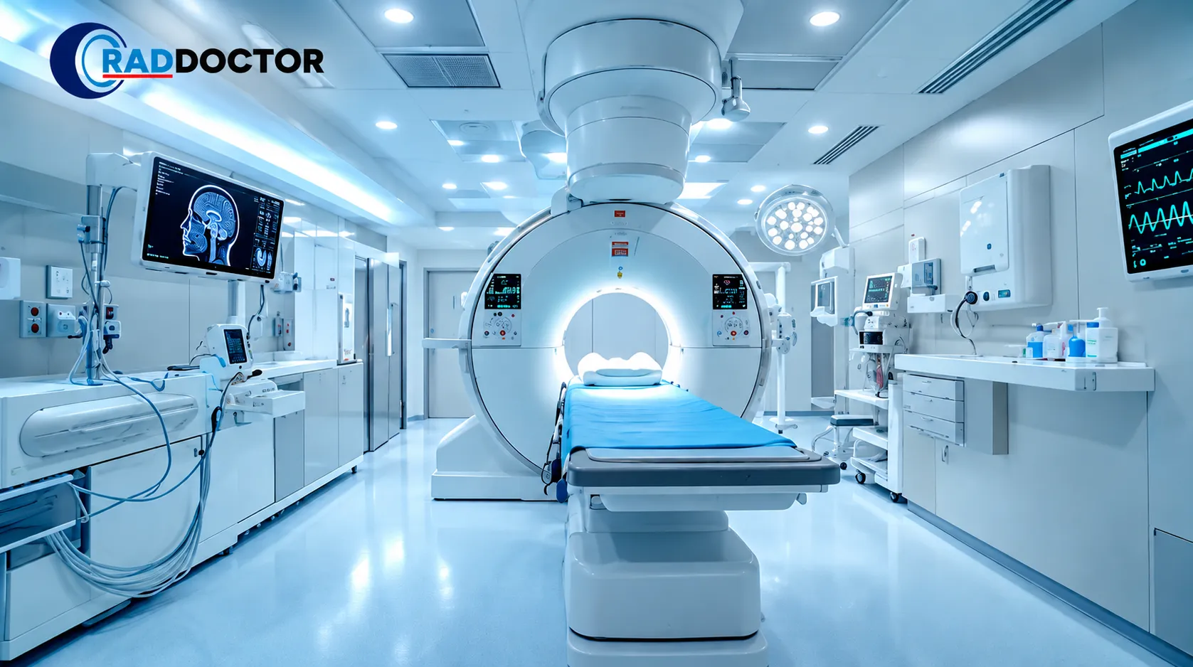 Modern medical imaging center with MRI scanner and diagnostic equipment, illustrating how radiology teams manage an imaging center volume surge.